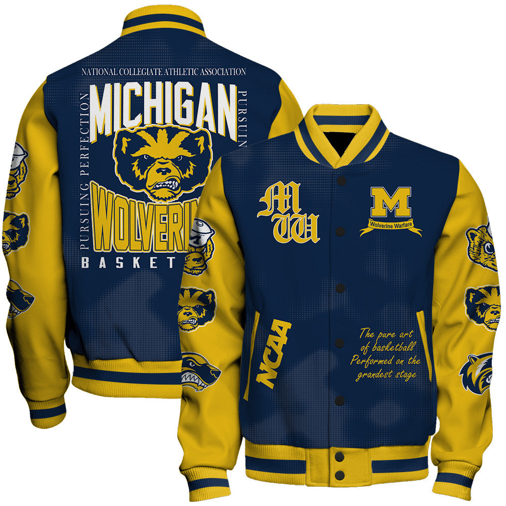 Michigan Wolverines Ncaa Basketball Wolverine Warfare 3D Unisex Varsity Jacket