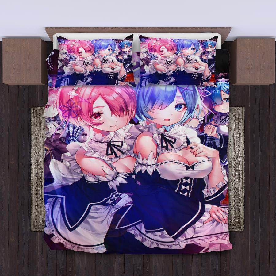 Ram And Rem Anime Girl Re Zero Bedding Set Duvet Cover And 2 Pillowcases