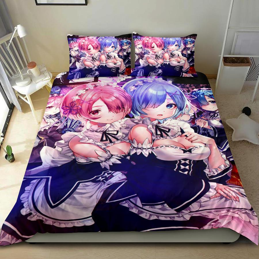 Ram And Rem Anime Girl Re Zero Bedding Set Duvet Cover And 2 Pillowcases