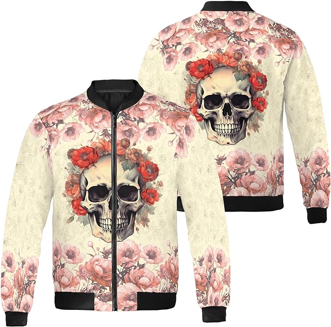 Skull Bomber Jacket Vintage Flowers And Skull Bomber Pink Yellow Unisex Jacket Jacket