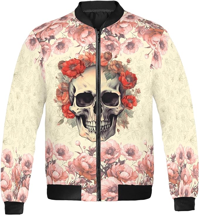 Skull Bomber Jacket Vintage Flowers And Skull Bomber Pink Yellow Unisex Jacket Jacket