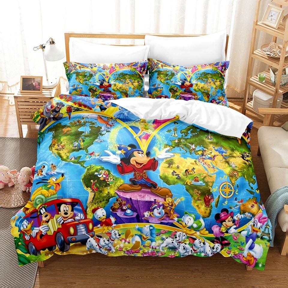 Enchanting Cartoon World Map Bedding Set - Vibrant Kids' Duvet Cover &amp; Pillowcases