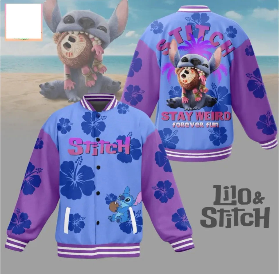 Stay Weird With Stitch Varsity Jacket – Vibrant Blue &amp; Purple Design For Fun Lovers