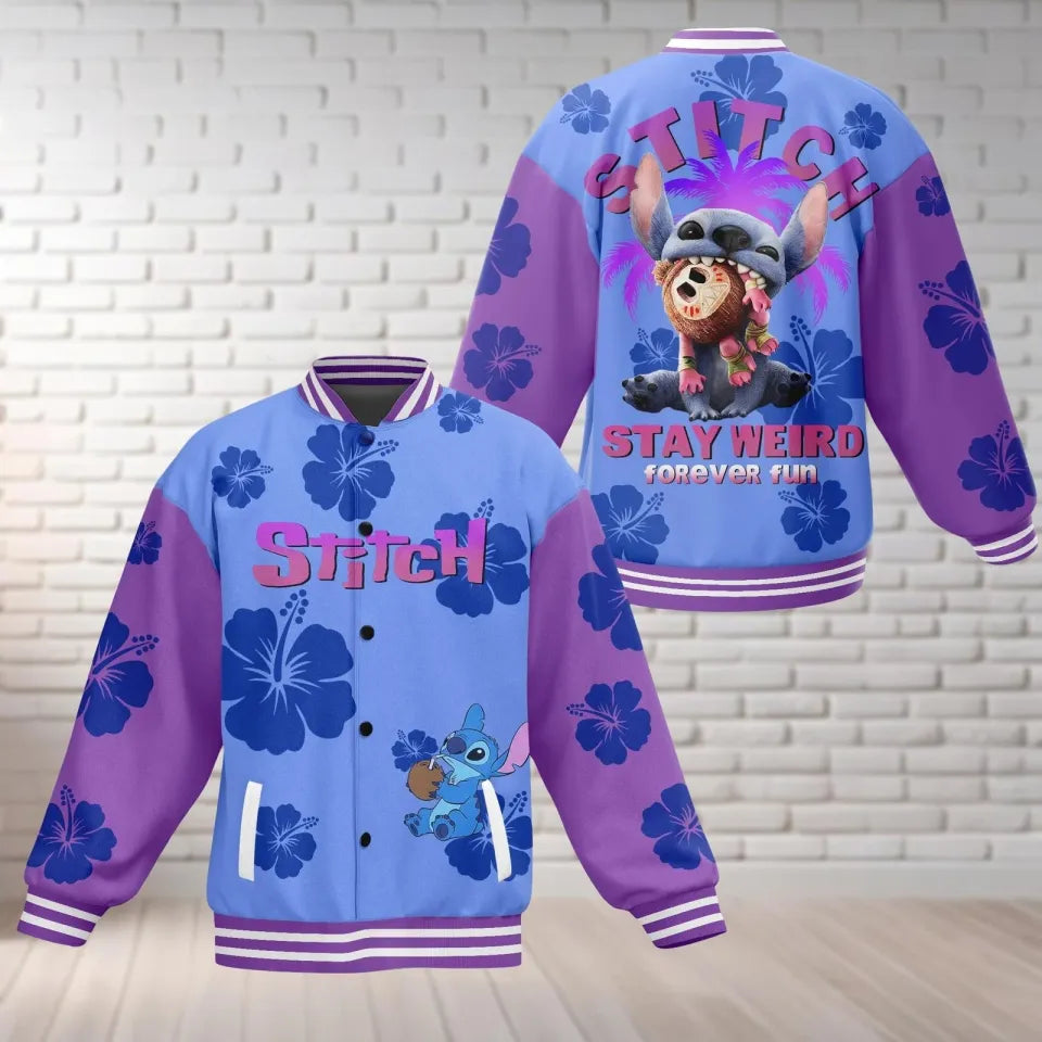 Stay Weird Stitch Varsity Jacket - Fun &amp; Stylish Blue/Purple Design