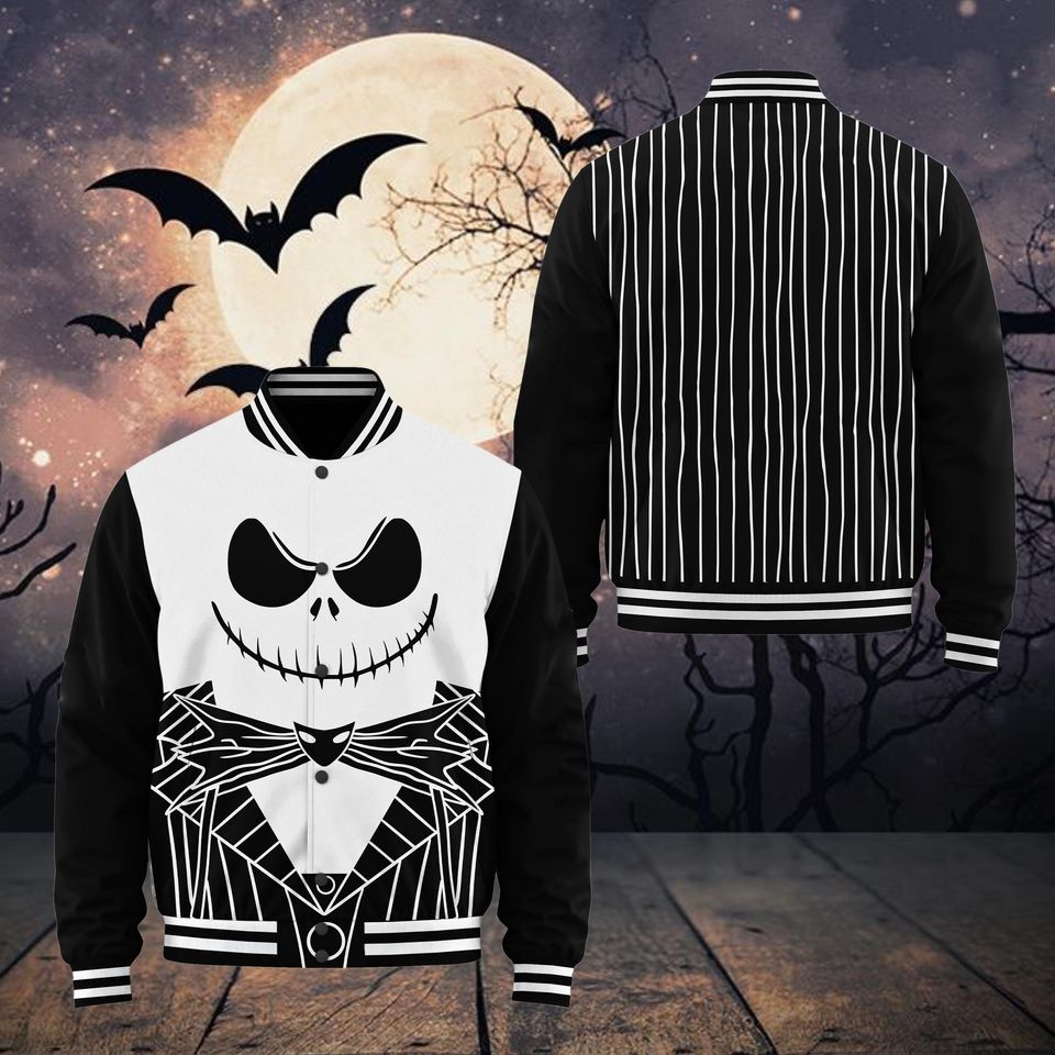 Spooky Halloween Varsity Jacket - Stylish Black &amp; White Skeleton Design
