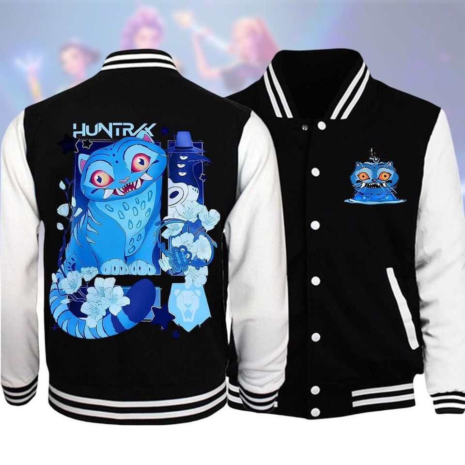 Unisex Blue Anime Cat Varsity Jacket - Trendy Graphic Print, Perfect For Casual Wear