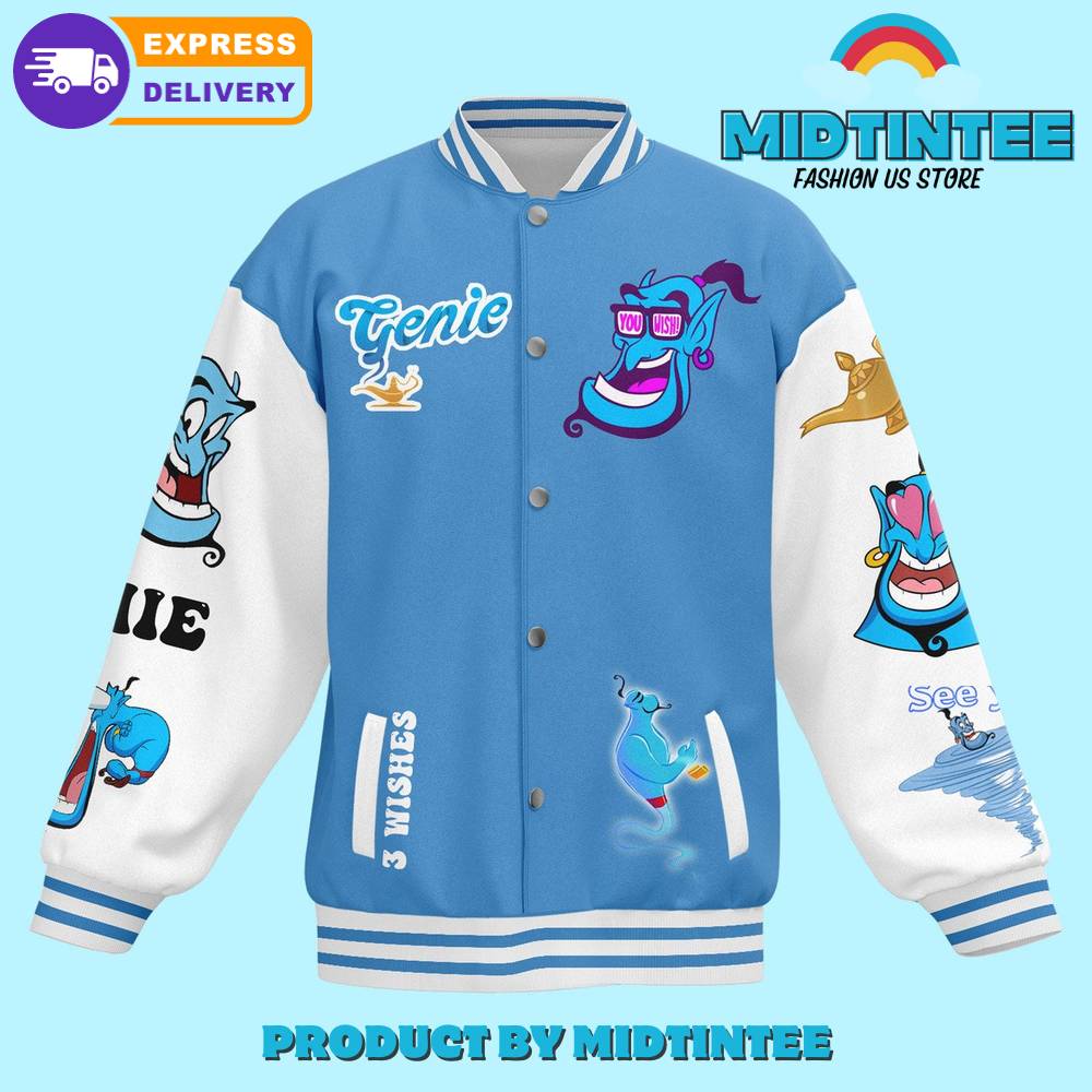 Genie Cartoon Varsity Jacket – Stylish Blue Bomber For Fans , Fast Shipping