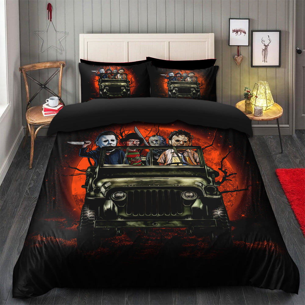 Halloween Horror Movies Ride Jeep Funny Moonlight Bedding Set Duvet Cover And 2 Pillowcases