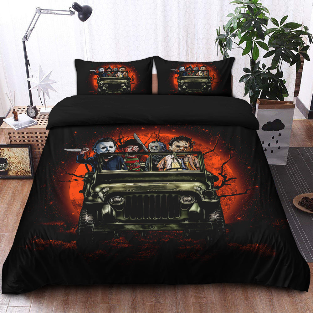 Halloween Horror Movies Ride Jeep Funny Moonlight Bedding Set Duvet Cover And 2 Pillowcases