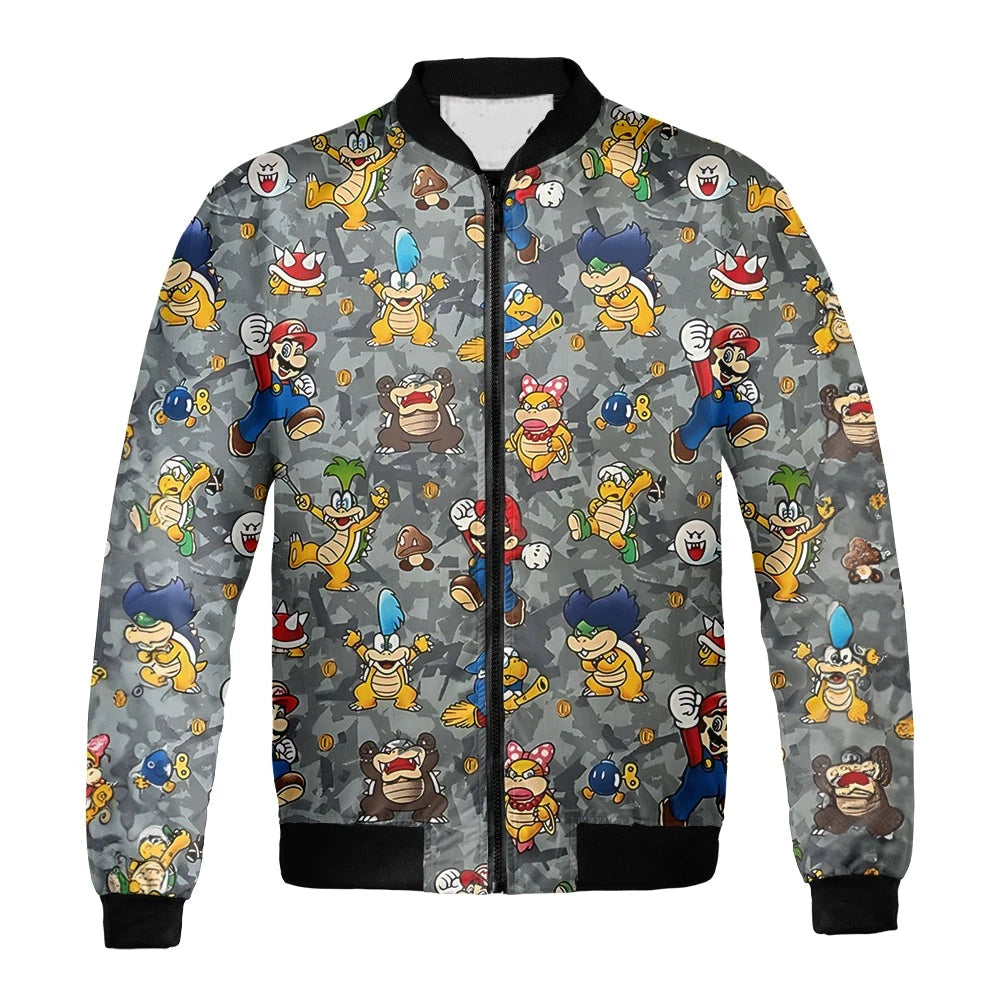 Mario Bomber Jacket Super Marrio All Characters Pattern Bomber Gray Unisex Jacket