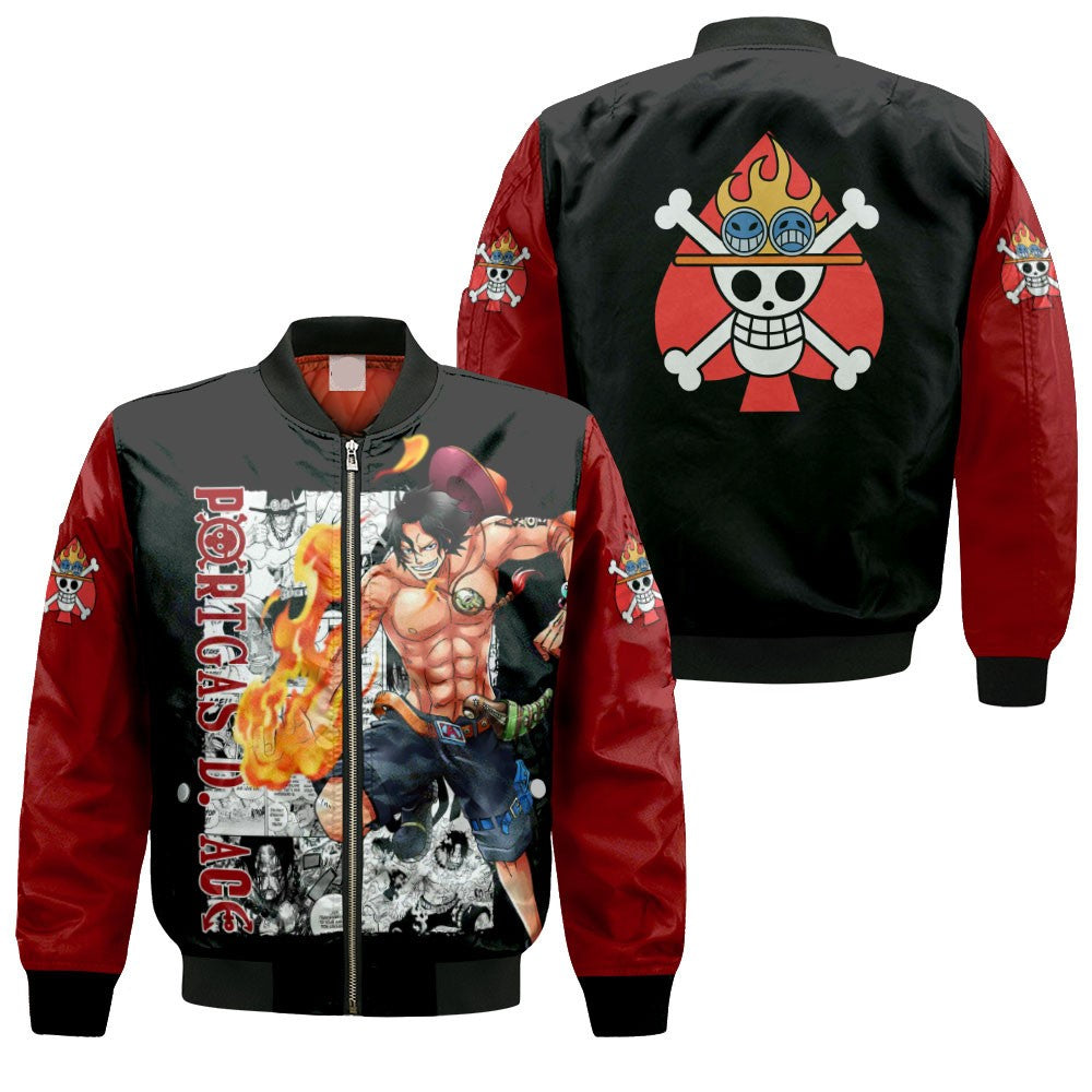 One Piece Bomber Jacket Portgas D Ace Graphic Jolly Roger Symbol Bomber Black Red Unisex Jacket Jacket