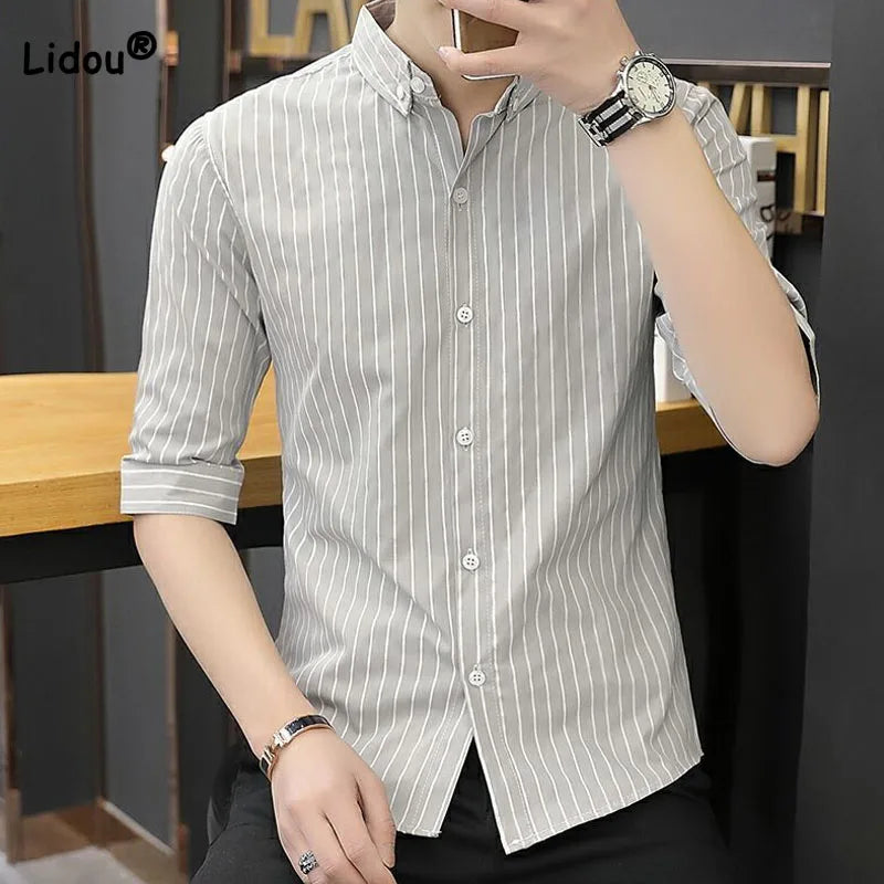 Korean Handsome Striped Printed Men's Shirt Business Office Casual Single-breasted Polo-Neck Slim Shirt Summer Male Clothes