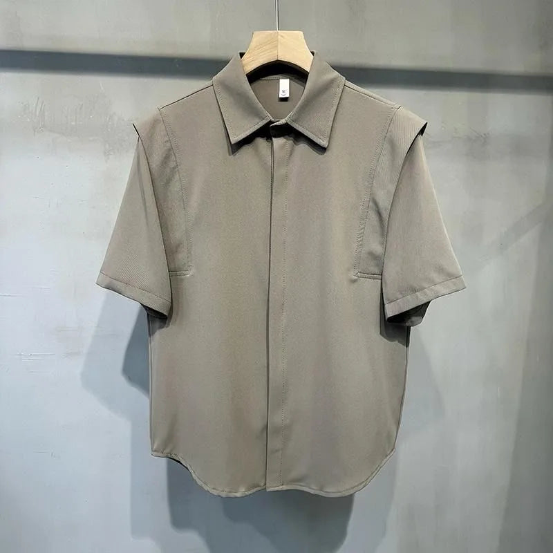 Men Minimalist Solid Color Short Sleeve Shirt Turn Down Collar Curved Hem Loose Fit Casual Office Daily Wear Top