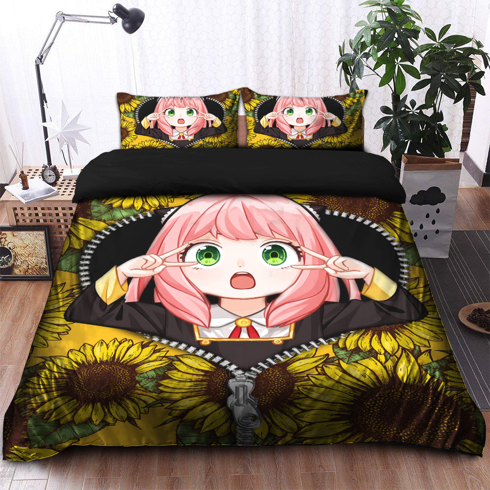 Anya Cute Spy X Family Sunflower Zipper Bedding Set Duvet Cover And 2 Pillowcases