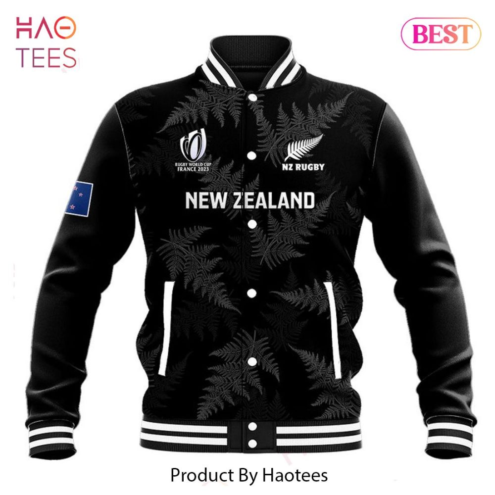 New Zealand Rugby World Cup 2023 Jacket - Premium Black Varsity Style With Fern Design