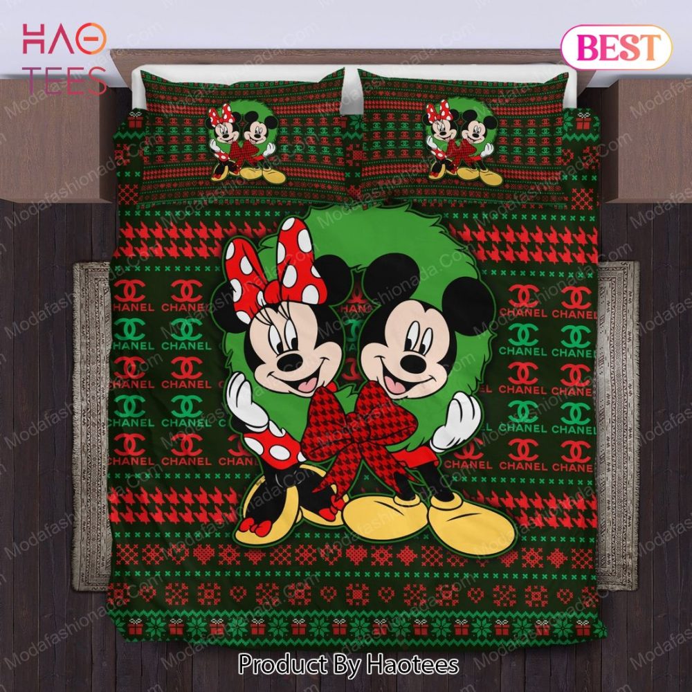 Mickey And Minnie Pattern Chanel Merry Christmas Bedding Sets Bed Sets, Bedroom Sets