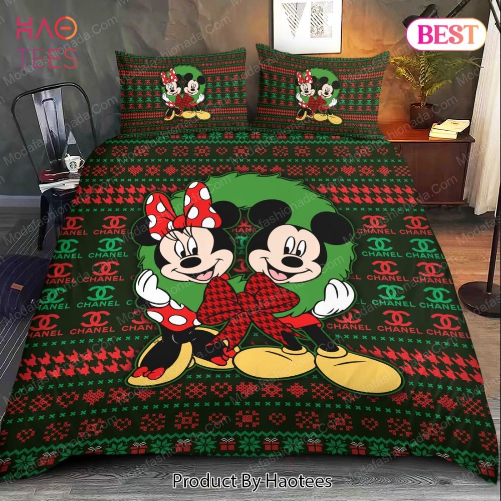 Mickey And Minnie Pattern Chanel Merry Christmas Bedding Sets Bed Sets, Bedroom Sets