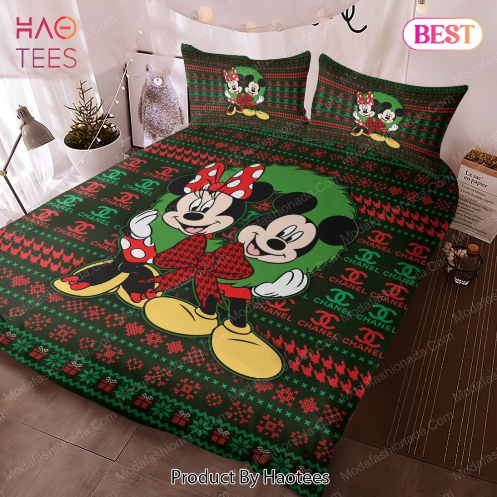 Mickey And Minnie Pattern Chanel Merry Christmas Bedding Sets Bed Sets, Bedroom Sets