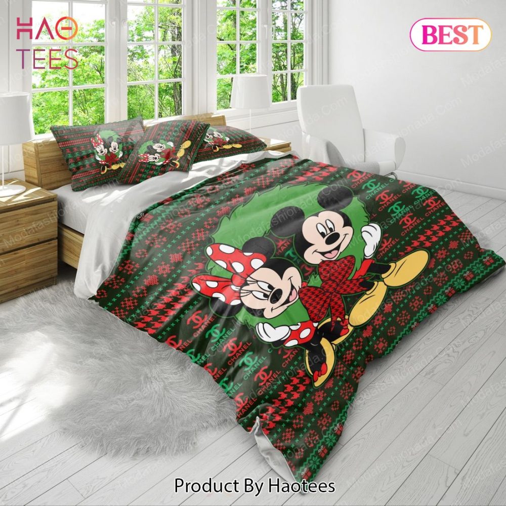 Mickey And Minnie Pattern Chanel Merry Christmas Bedding Sets Bed Sets, Bedroom Sets