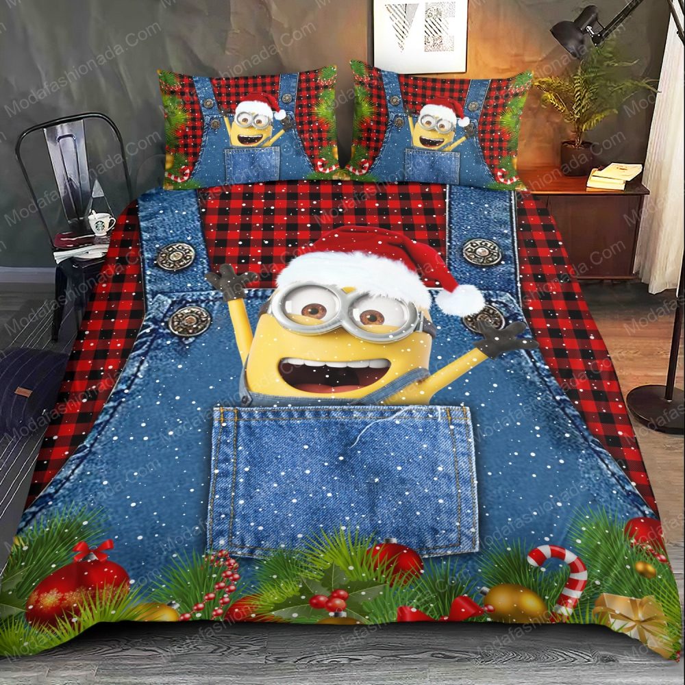 Festive Minion Christmas Bedding Set - Cozy Holiday Twin Duvet Cover With Pillowcases