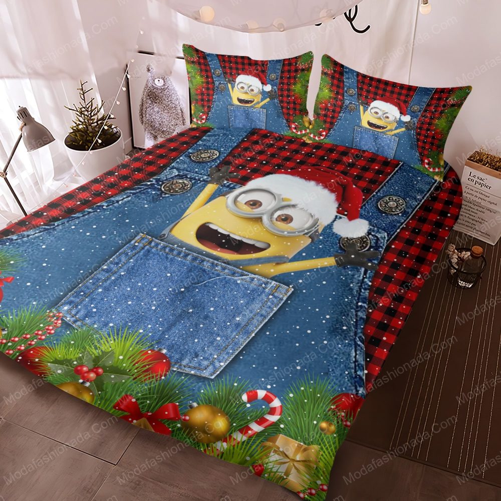 Festive Minion Christmas Bedding Set - Cozy Holiday Twin Duvet Cover With Pillowcases