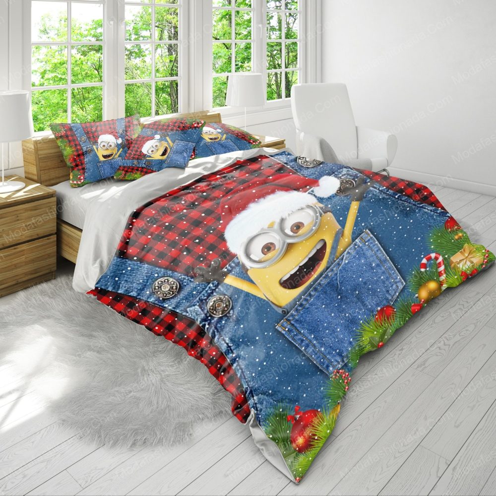 Festive Minion Christmas Bedding Set - Cozy Holiday Twin Duvet Cover With Pillowcases