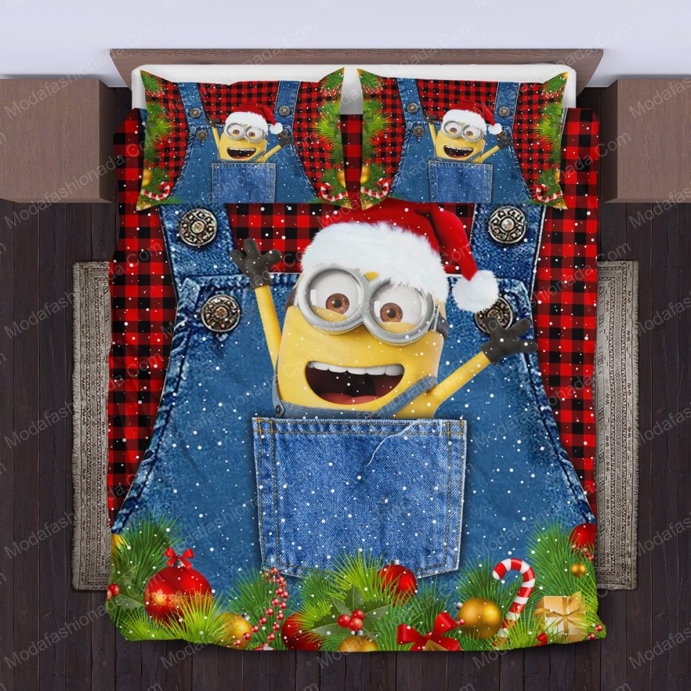 Festive Minion Christmas Bedding Set - Cozy Holiday Twin Duvet Cover With Pillowcases