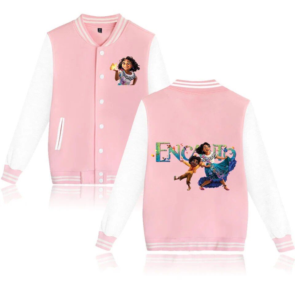 Pink Encanto Varsity Jacket For Kids - Cozy &amp; Stylish Cartoon Design