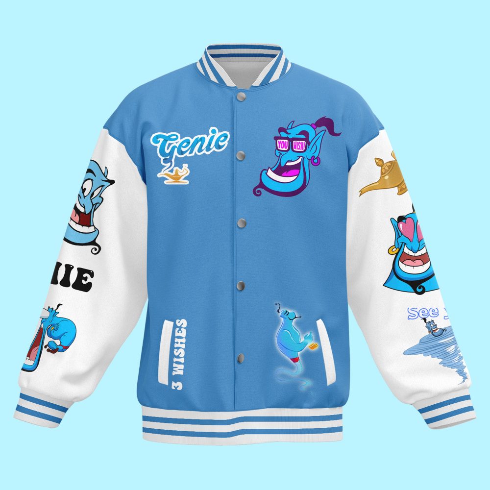 Magical Genie Varsity Jacket – Stylish Blue Cartoon Bomber With Fun Graphics