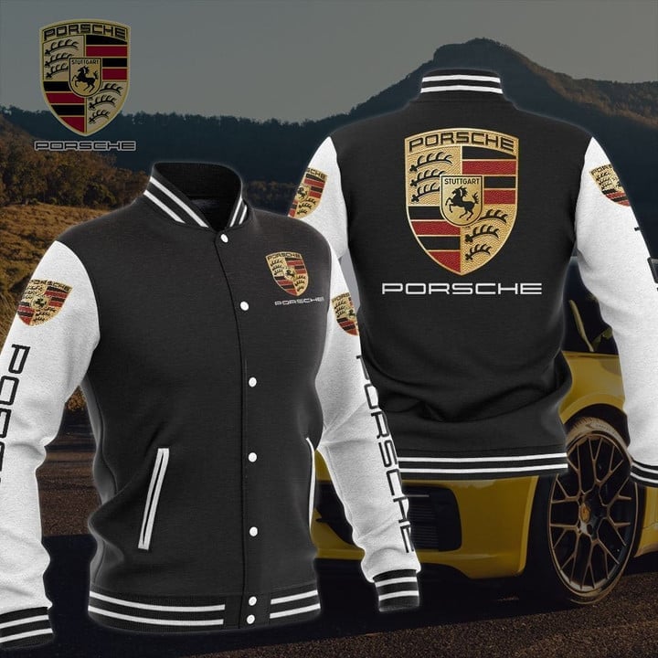 Stylish Porsche Logo Varsity Jacket - Men'S Black &amp; White Premium Wear