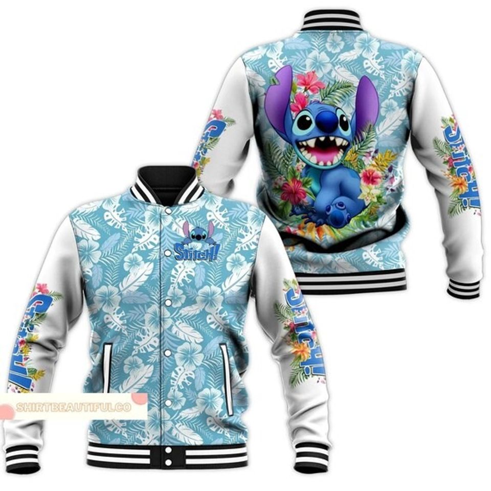 Stylish Blue Character Bomber Jacket – Tropical Floral Design, Unisex, All Sizes Available