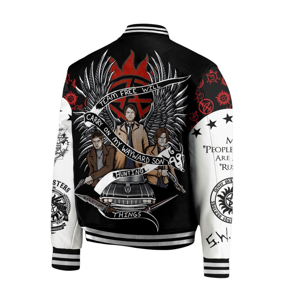 Supernatural Varsity Jacket - Team Free Will Design, Carry On My Wayward Son, Unisex, Perfect Gift