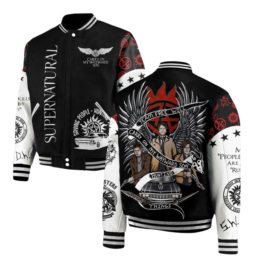 Supernatural Varsity Jacket - Team Free Will Design, Carry On My Wayward Son, Unisex, Perfect Gift