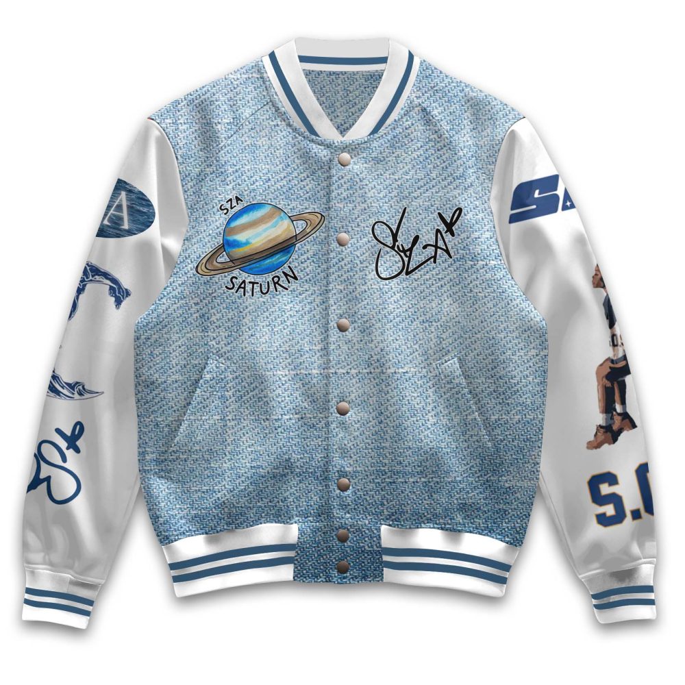 Trendy Blue Saturn Graphic Varsity Jacket - Stylish Unisex Fashion Outerwear