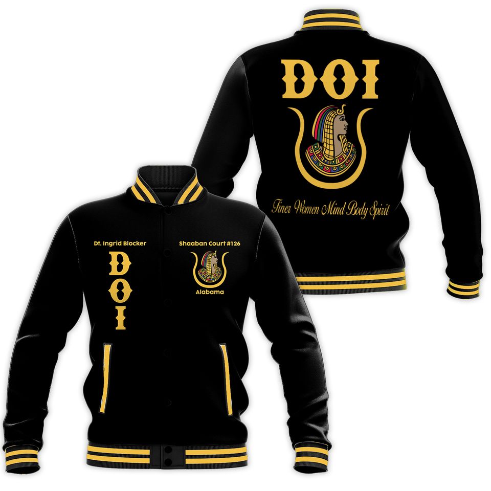 Stylish Doi Varsity Jacket – Black &amp; Gold Embroidered Design For Finer Women