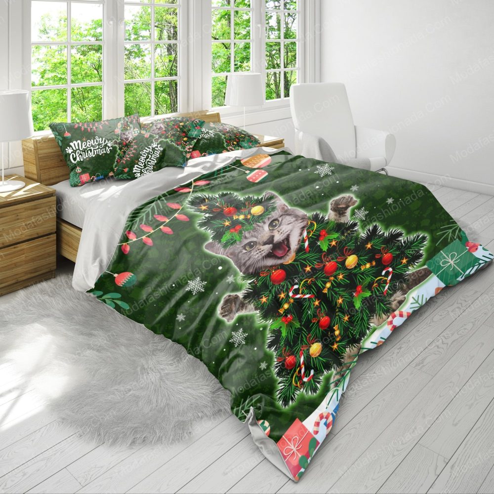 Meowy Christmas Cat Tree Bedding Set – Festive Holiday Duvet Cover &amp; Pillowcases