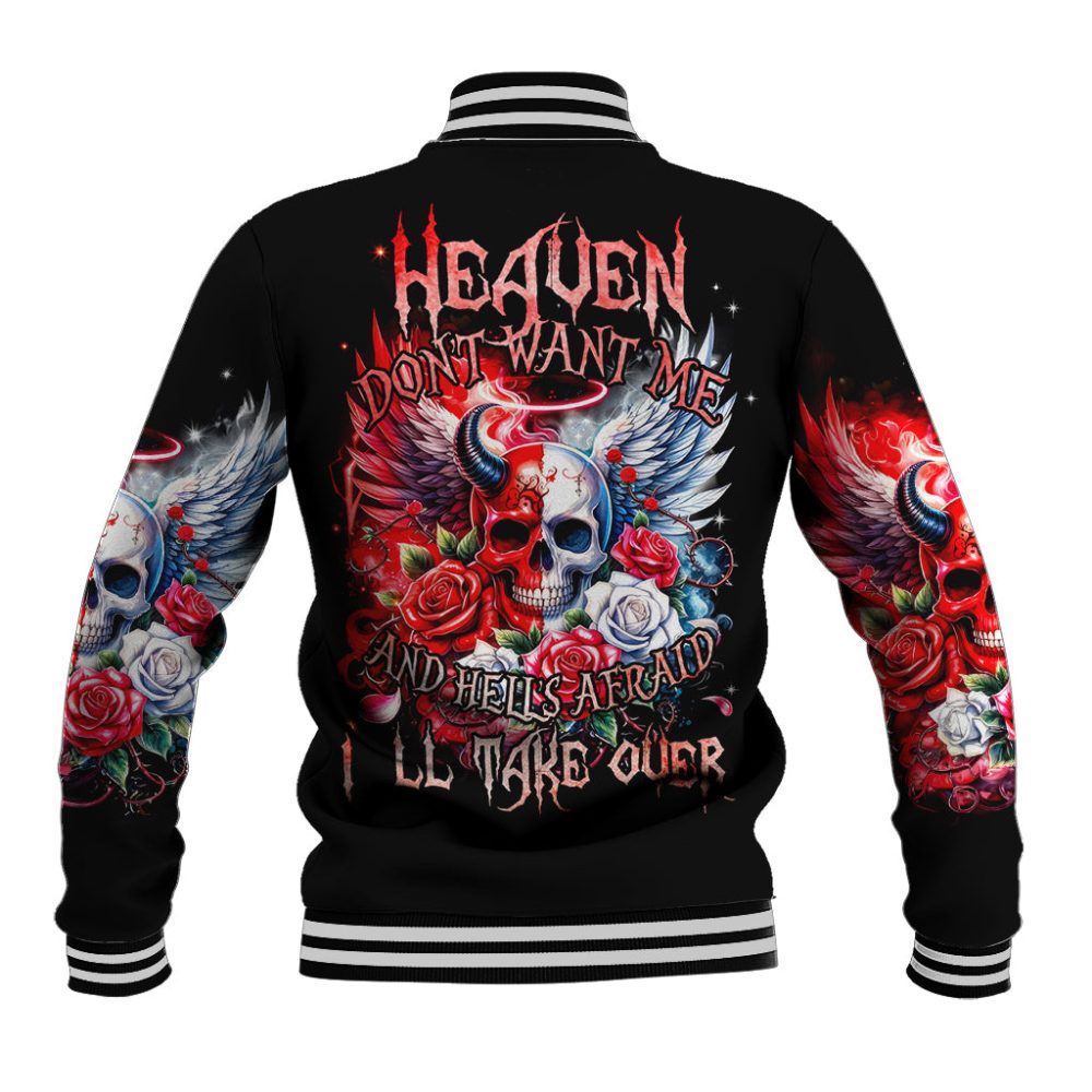 Evil Angel Skull Baseball Jacket Heaven Don'T Want Me And Hell Afraid Dt01