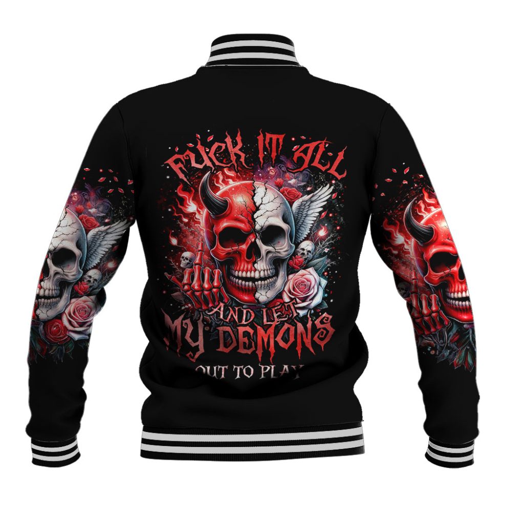Evil Angel Skull Baseball Jacket Fuck It All And Let My Demons Out To Play Dt01