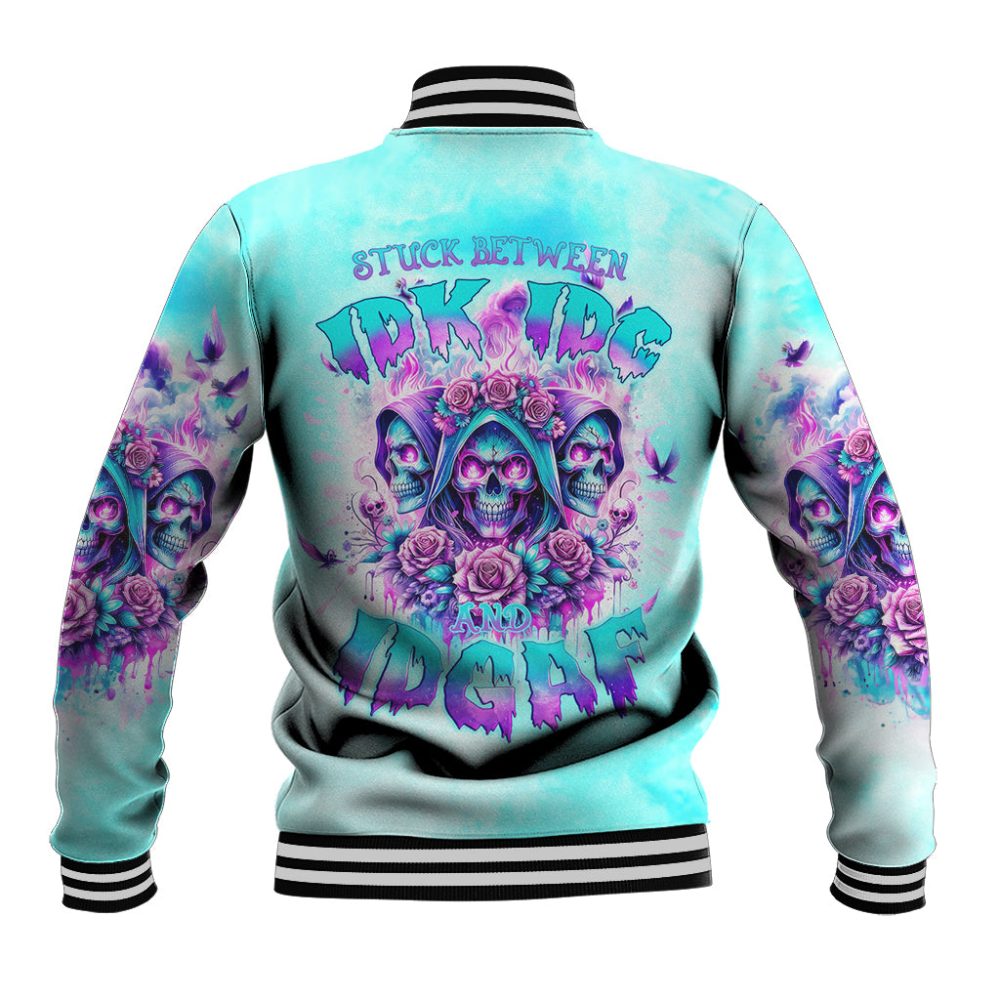 Flower Skull Angel Baseball Jacket Stuck Between Idk Idc And Idgaf Dt01