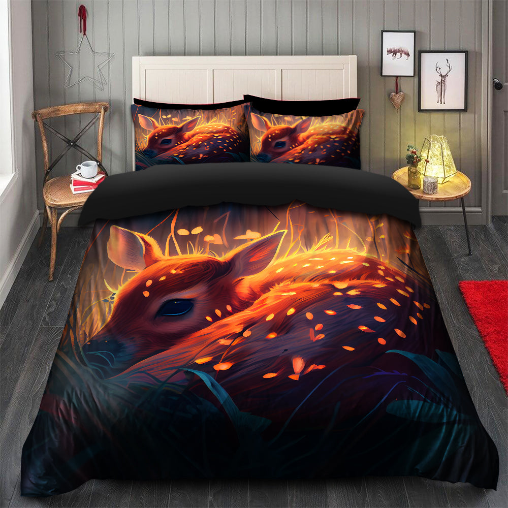 Fawn Bedded Down In The Grass Safe And Cozy Fireflies Bedding Set Duvet Cover And 2 Pillowcases