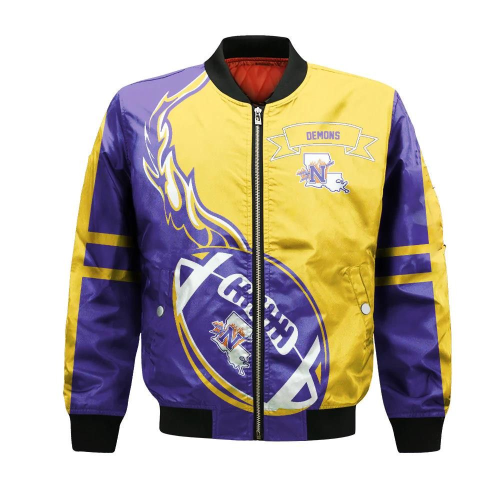 Northwestern State Demons Bomber Jacket 3D Printed Flame Ball Pattern