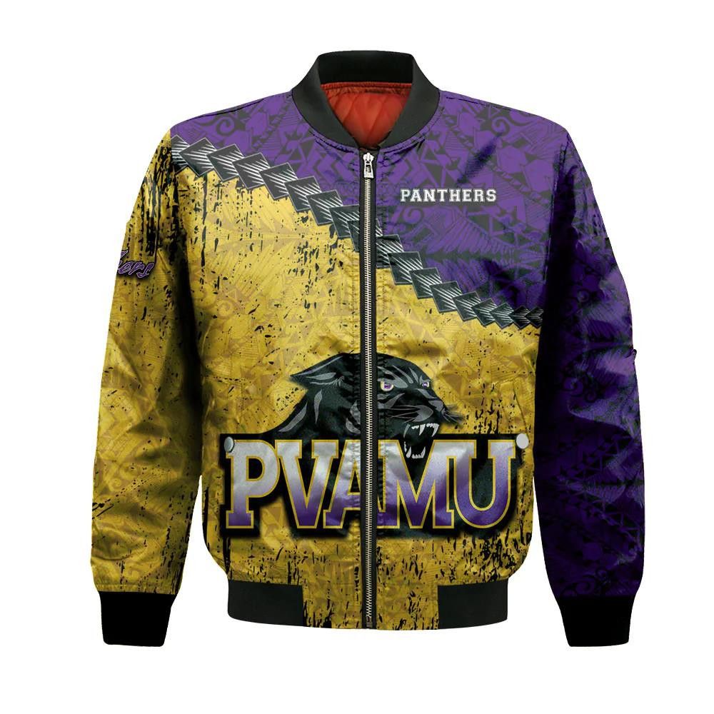 Prairie View A&amp;M Panthers Bomber Jacket 3D Printed Grunge Polynesian Tattoo