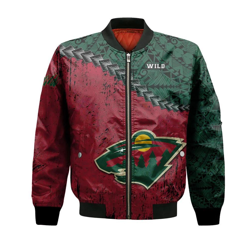 Minnesota Wild Bomber Jacket 3D Printed Grunge Polynesian Tattoo