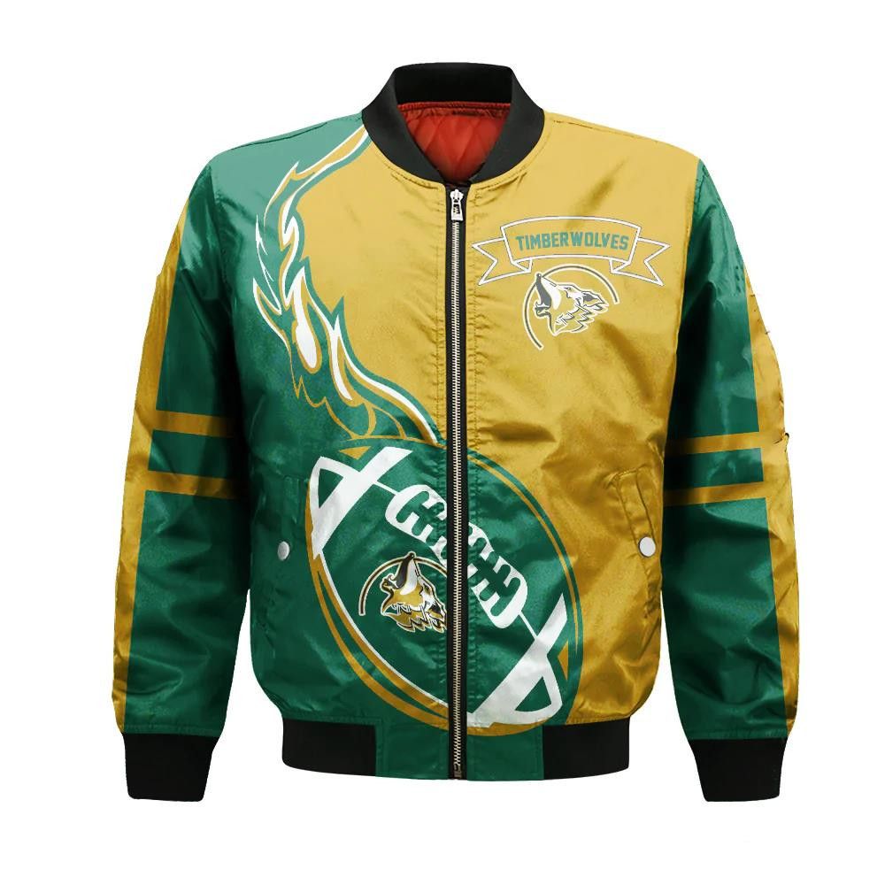 Unbc Timberwolves Bomber Jacket 3D Printed Flame Ball Pattern