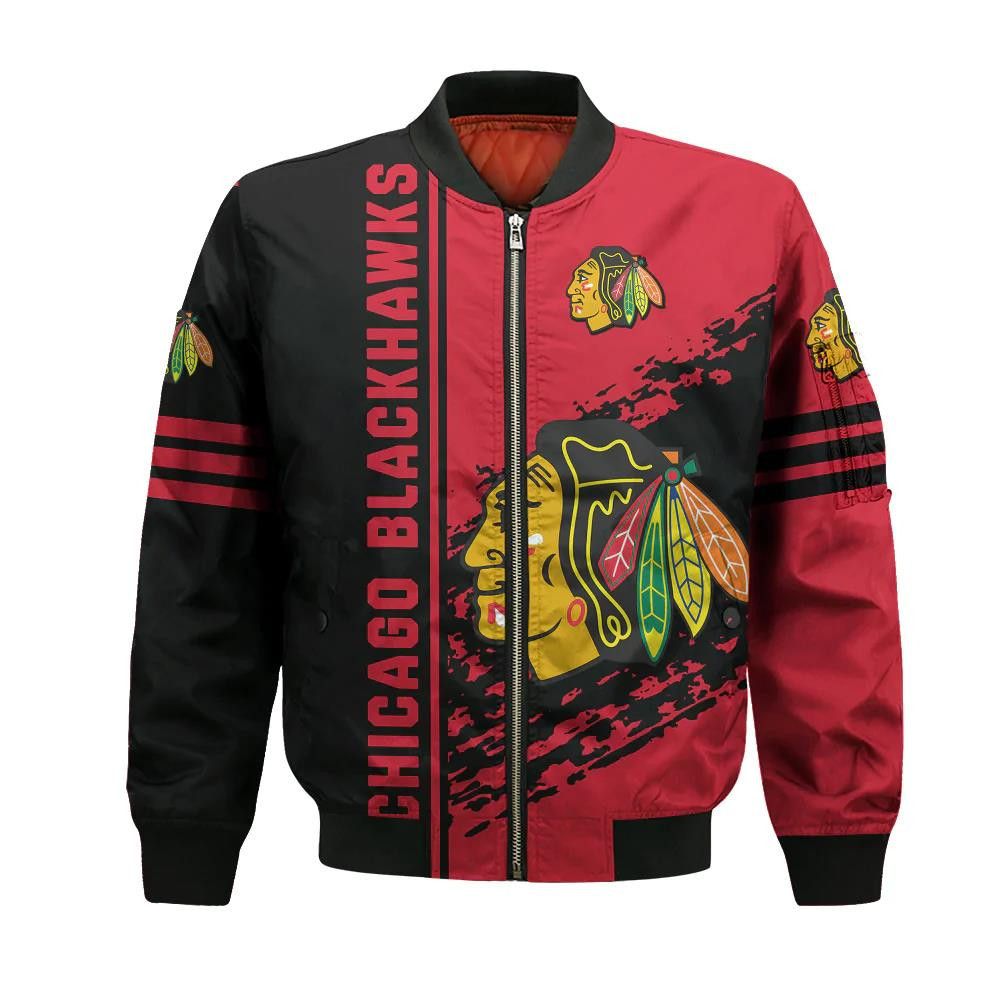 Chicago Blackhawks Bomber Jacket 3D Printed Logo Pattern In Team Colours