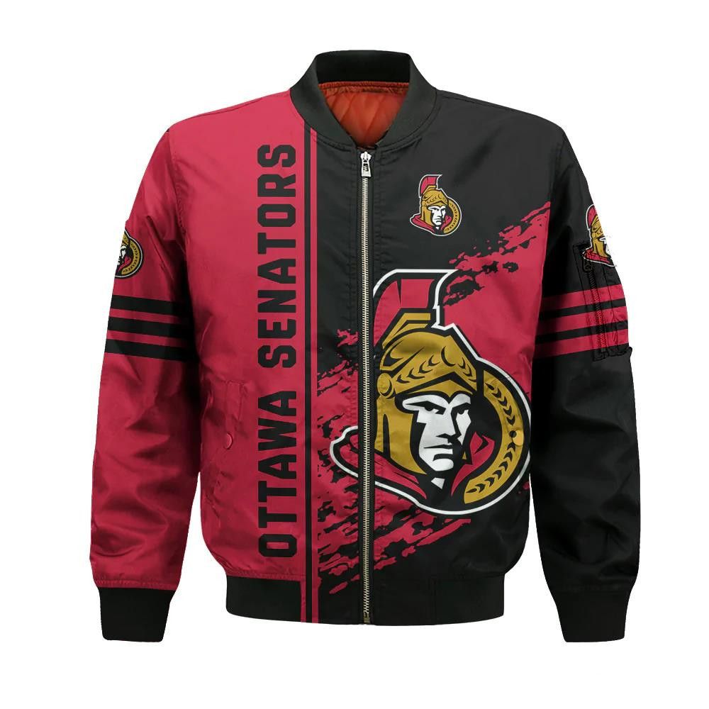 Ottawa Senators Bomber Jacket 3D Printed Logo Pattern In Team Colours