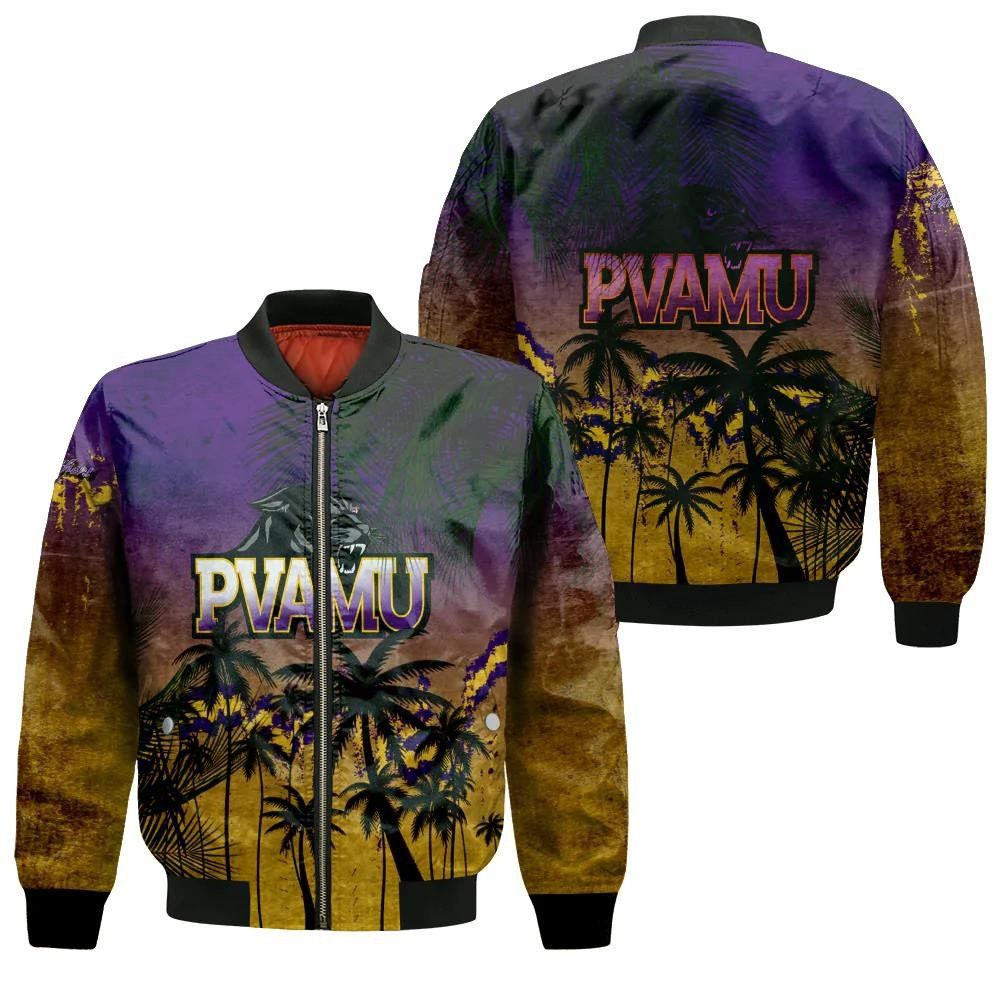 Prairie View A&amp;M Panthers Bomber Jacket 3D Printed Coconut Tree Tropical Grunge