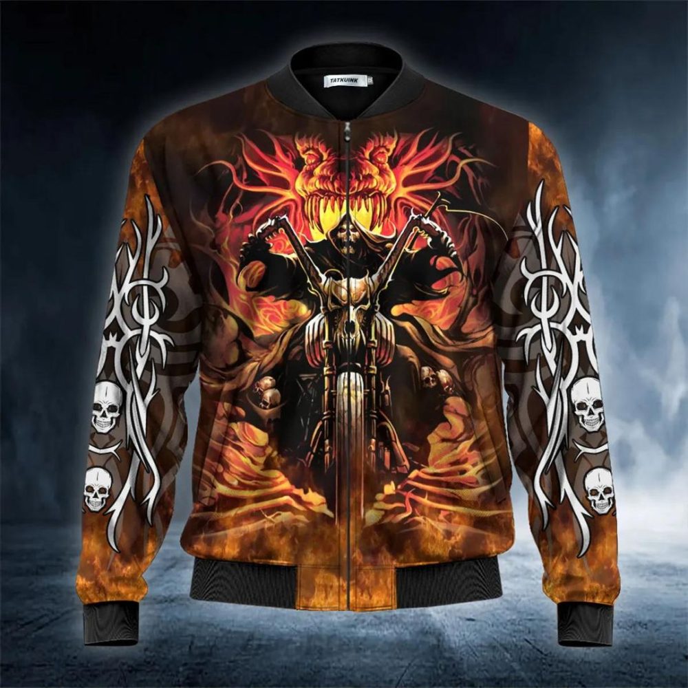 Dragon Fire Grim Reaper Skull Bomber Jacket