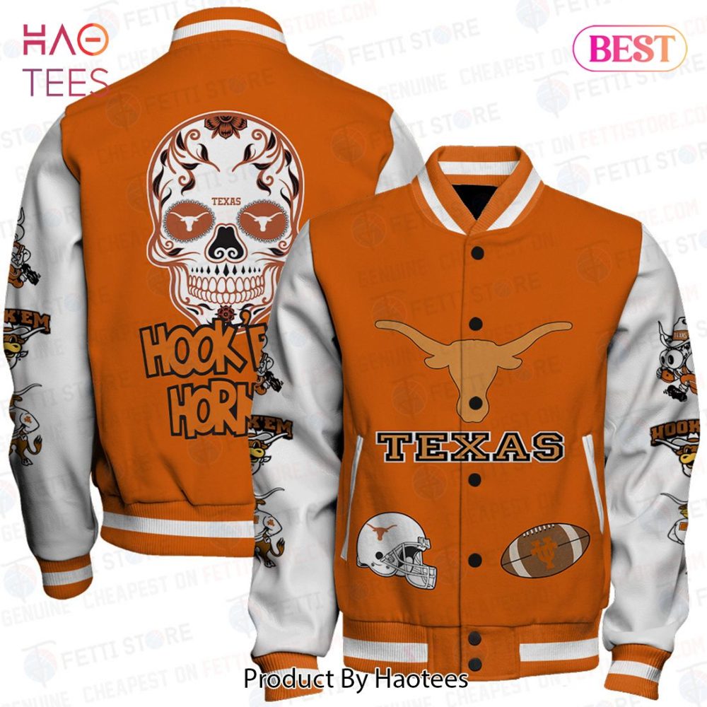 Texas Longhorns Varsity Jacket - Hook 'Em Horns Orange Skull Design, Unisex Sportswear