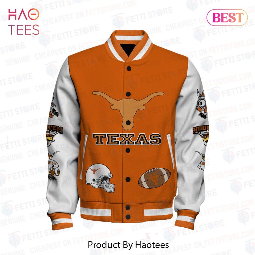 Texas Longhorns Varsity Jacket - Hook 'Em Horns Orange Skull Design, Unisex Sportswear